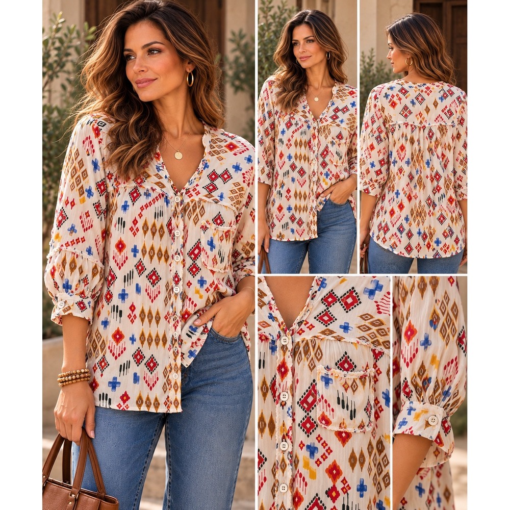 Blue B Collection S Southwestern Aztec Print Oversized Button Shirt Boho